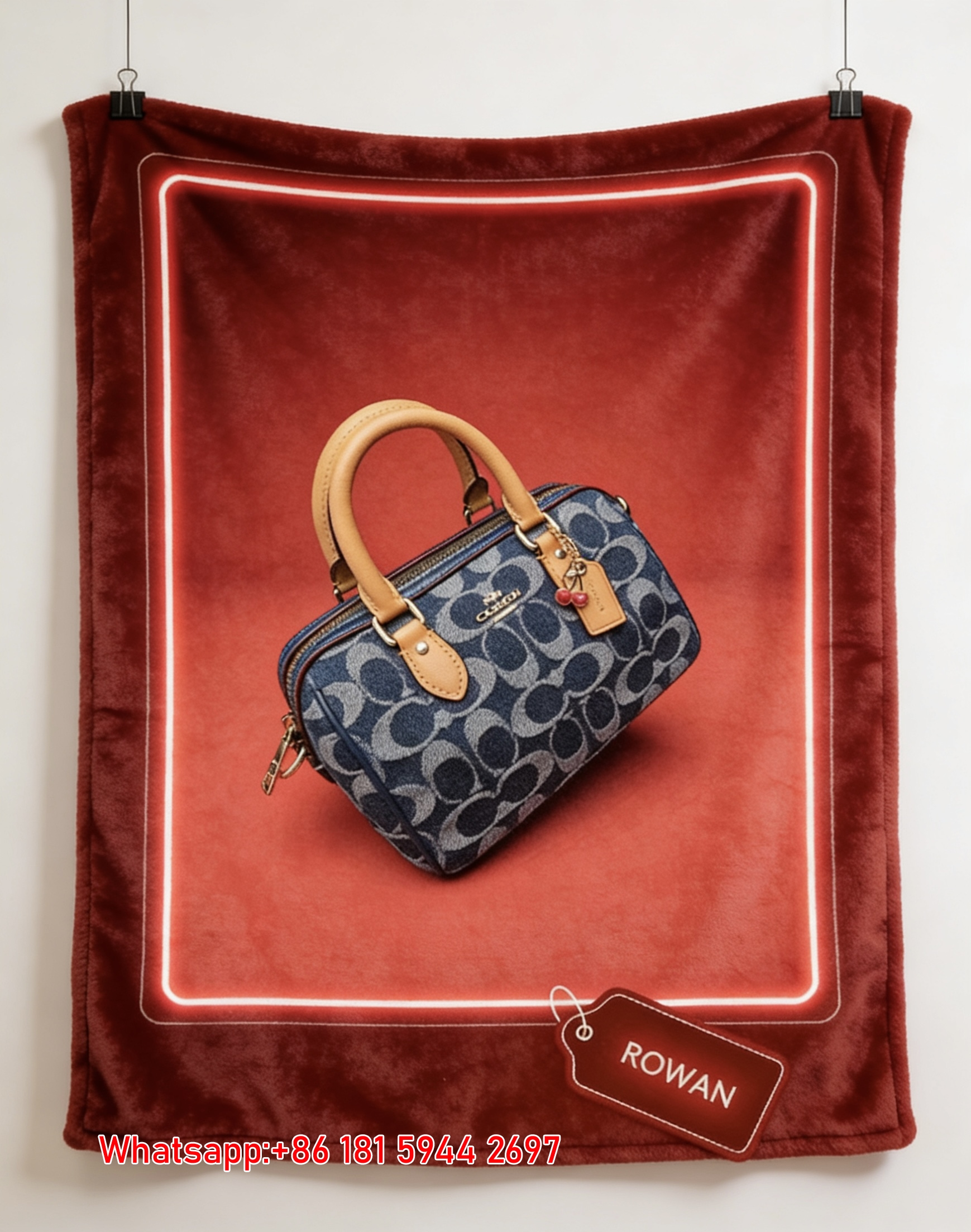 COACH Rowan Denim Signature Print Flannel Throw Blanket for Couch C284